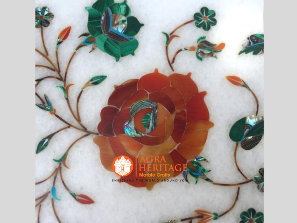 Marble Coffee Table Top Carnelian Pauashell Inlay Floral Art